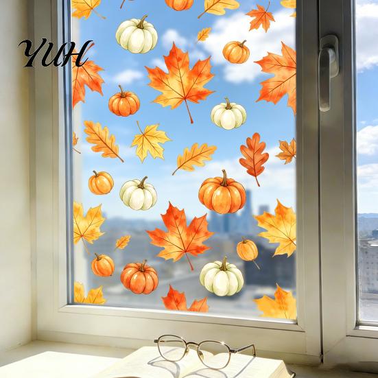 Herbstparty Fensterzubehör Aquarell Herbst Statische Aufkleber, Ahornblatt & Kürbis Abnehmbare Sticker, Innen Außen Glas Dekor Aufkleber für Thanksgiving