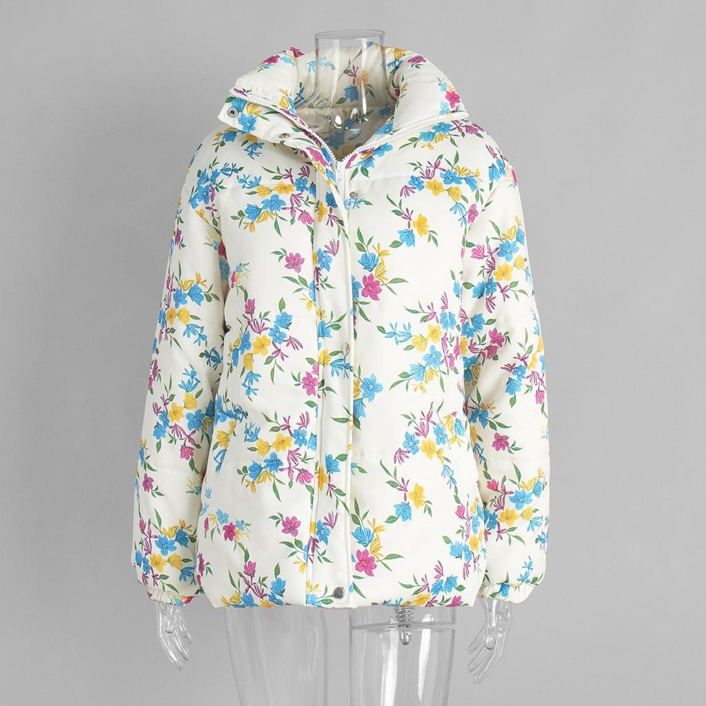 Fall Winter Women's Printed Cotton Padded Jacket, Stand Collar Zip Up Warm Puffer Coat For Outdoor Casual