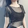 O-Ausschnitt Kurzarm Sheer Trim Crop Top Frauen See-through Glitter Mesh T-Shirt Streetwear