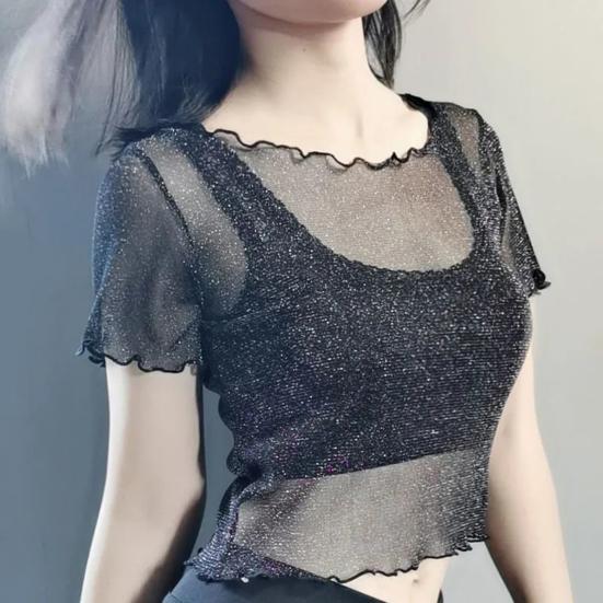 O-Ausschnitt Kurzarm Sheer Trim Crop Top Frauen See-through Glitter Mesh T-Shirt Streetwear