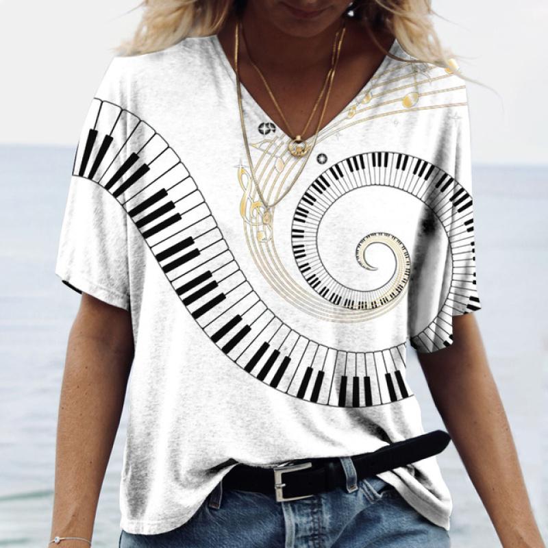 Women' T-shirt Piano 3d Print Everyday Casual Wear Oversized-shirt Funny Short Sleeve T-shirt V-neck Clothing Fitness Sweatshirt