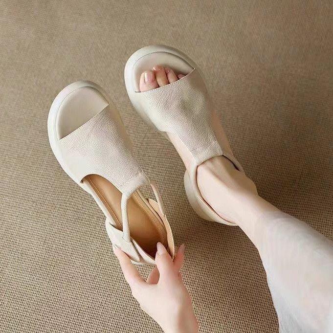 Huge Good-looking Soft Leather Soft-soled Retro Casual Open-toed Sandals Women's Summer Medium Heel Thick-soled Fish Mouth Roman Shoes Are Not Tired
