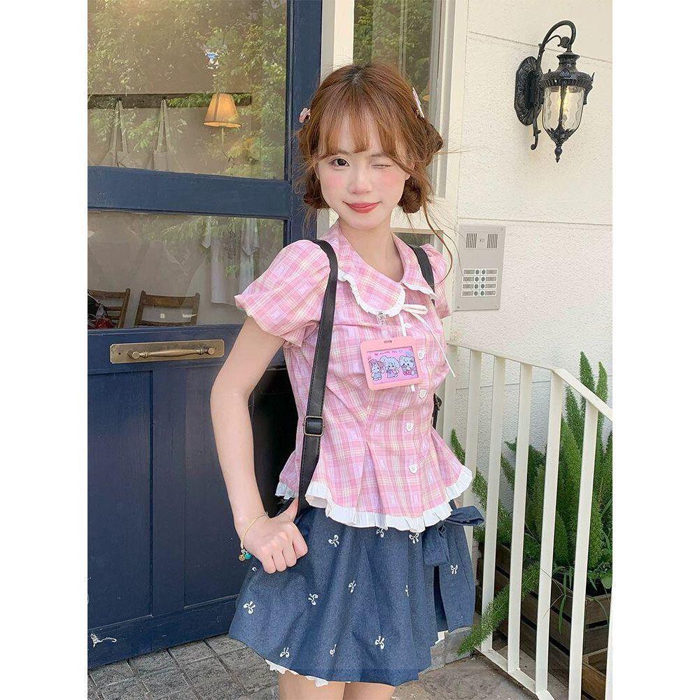 

Girl s Summer Doll Collar Short-Sleeved Shirt & Slimming Bud Skirt Two-Piece Set Medium