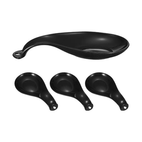 uxcell 4pcs Heat Resistant Plastic Spoon Rest for Kitchen Counter, Utensil Holder for Ladle and Spoon, Black, 21x10.5cm