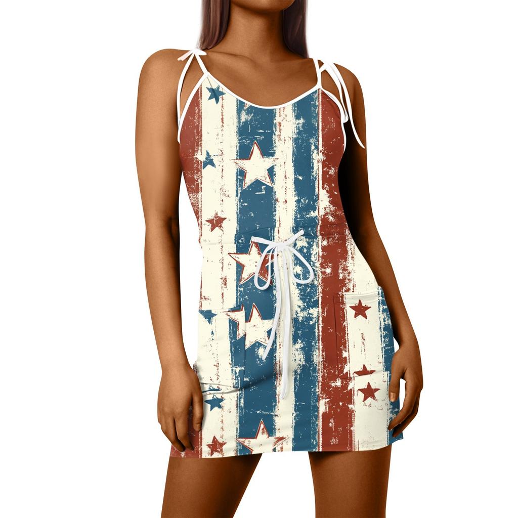 Women's Fashion Summer Independence Day Printed Loose Sleeveless  Pocket V-Neck Dress