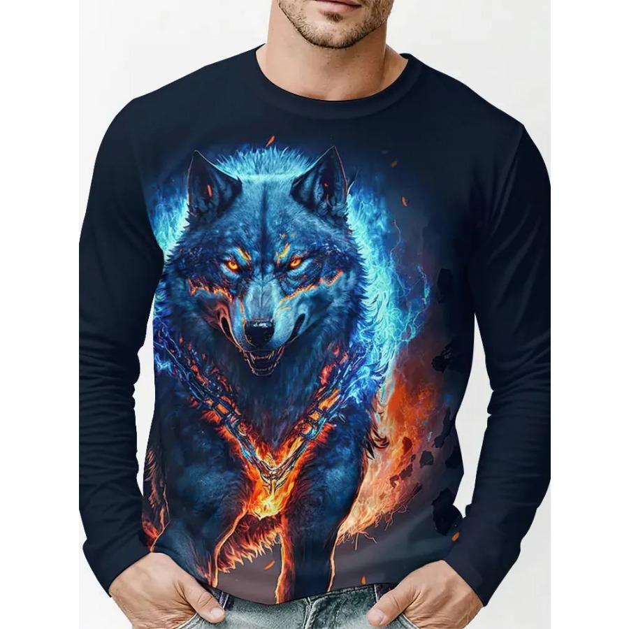 

T Shirt for Mens Tiger Wolf Pattern Print Long Sleeve Leisure 3D Polyester Man s T-shirts 6XL
