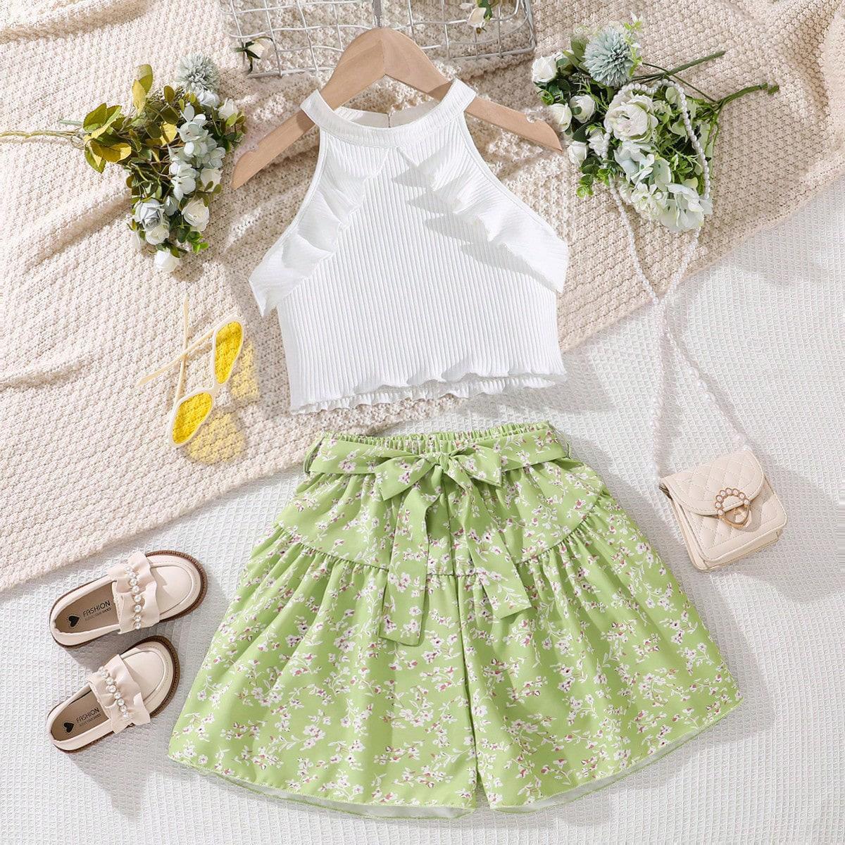 

Модный комплект для девочек, летний детский комплект из кружева на шее, без рукавов, с коротким топом и цветочными шортами 11-12Y зелёный