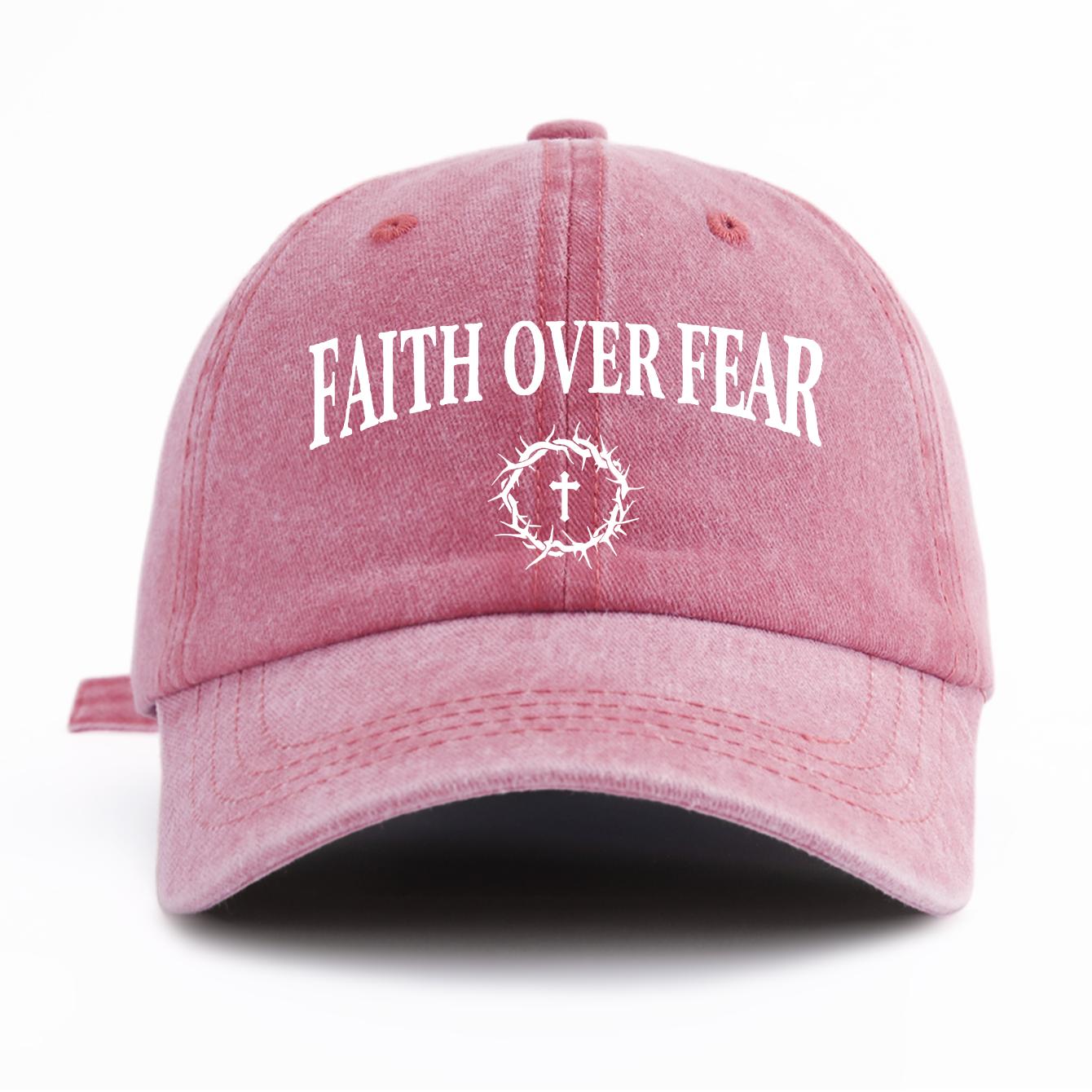 

1pc FAITH OVER FEAR Print Washed Baseball Cap for Adults,Minimalist Retro Style Casual Soft Adjustable Dad Hat, Perfect As Gift розовый