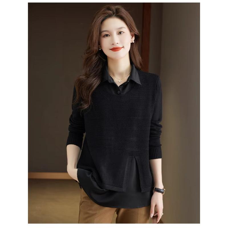 Korean Fake Two-piece Shirt Knitted Women's Spring Autumn Fashion Loose Sweater Bottoming Shirt Knitwear