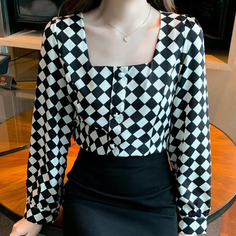 Temperament Square Neck Long Sleeve Retro Casual Shirt Women Fashion Tops Button Up Elegant Loose Blouse for Women Simple Slim Fit Shirts Woman 26350