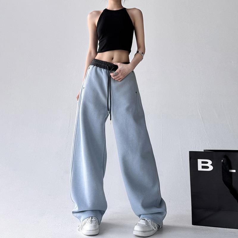 Retro Waist Splicing Casual Pants Women's Spring New Elastic Waist High Waist Straight Pants Versatile Wide-leg Sweatpants