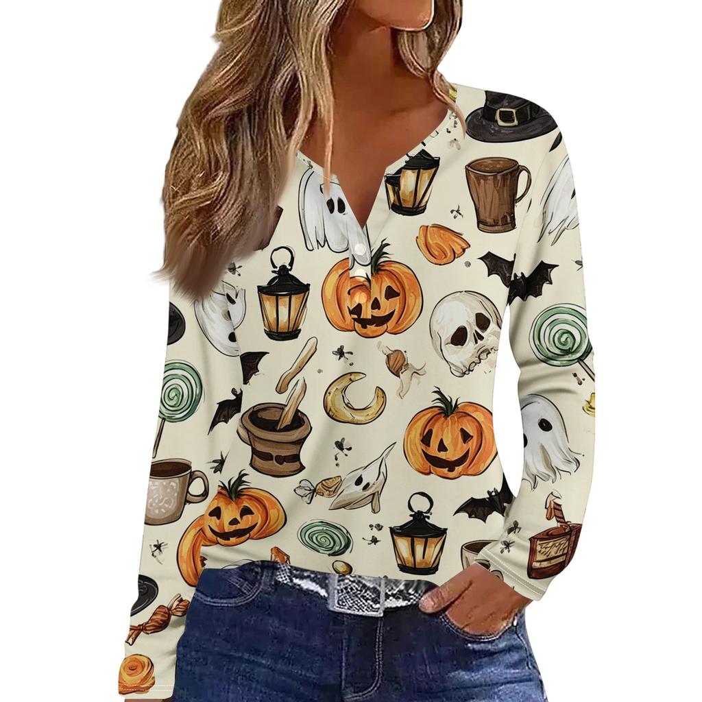 Women's Fashion Casual Halloween Printed V-Neck Button Trim Long Sleeve T-Shirt Top