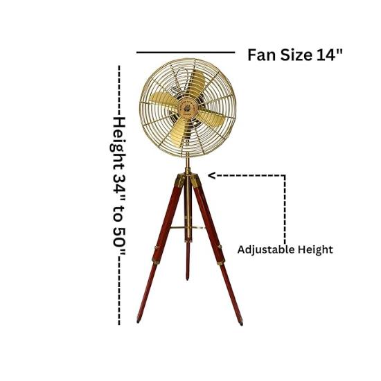 Antique Fan With Wooden Adjustable Tripod Handmade Floor Working Fan