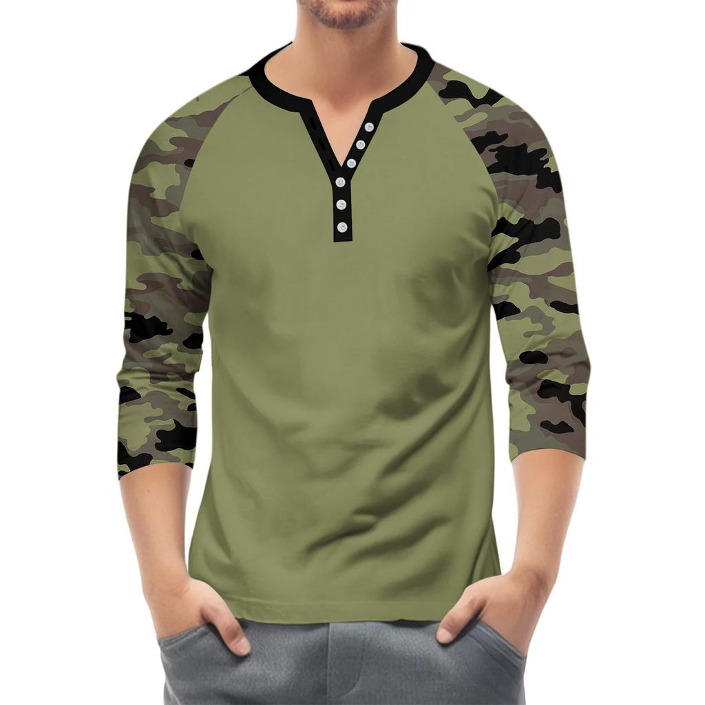 Herren Button-Down Kontrast Raglan 3/4 Ärmel Oberteil