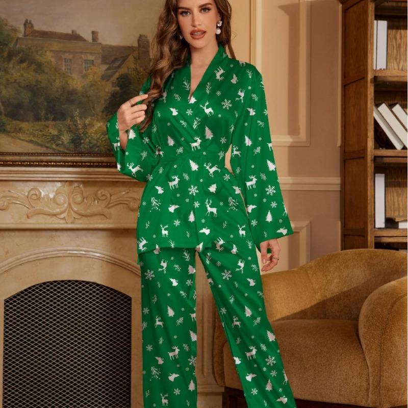 Ladies Plus Size Christmas Tree Print Long Sleeve Trousers Pajamas Set