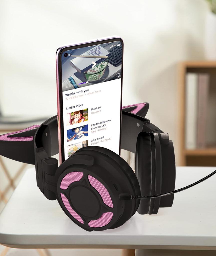 Fox Ear Headphones, Bluetooth 5.3 Gaming Headphones, Wired and Wireless, with LED Lights, Adjustable 3.5mm Headphones with Microphone, 40mm Drivers,