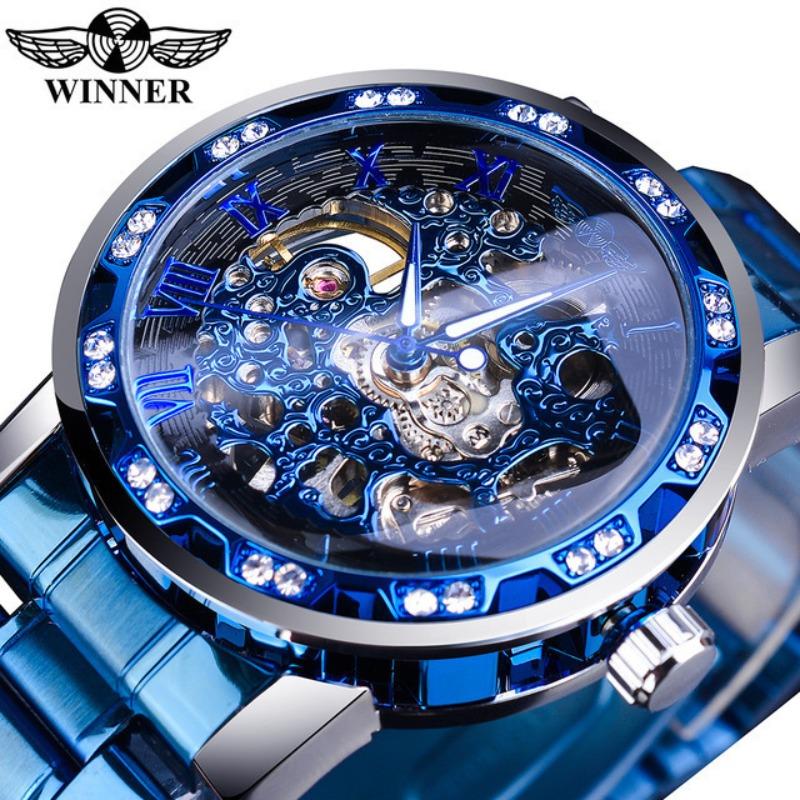 Winner One Winner Herren Mode Lässig Skelett Strass Manuell Mechanische Uhr für Herren Trendig