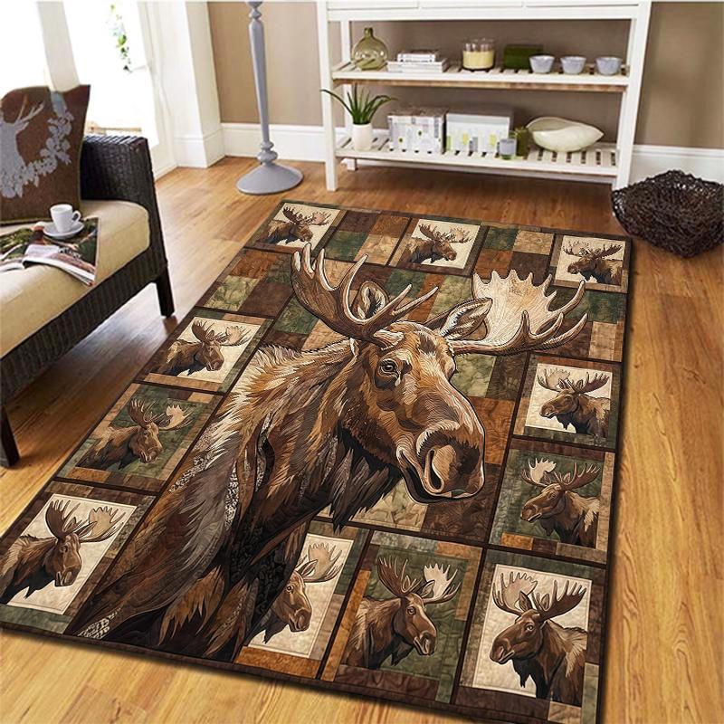 Retro Elk Animal Pattern Square Carpet,Area Rug,Carpet Rug for Living Room Bedroom Sofa Playroom Decor,Non-slip Floor Mat,Holiday Birthday Gifts