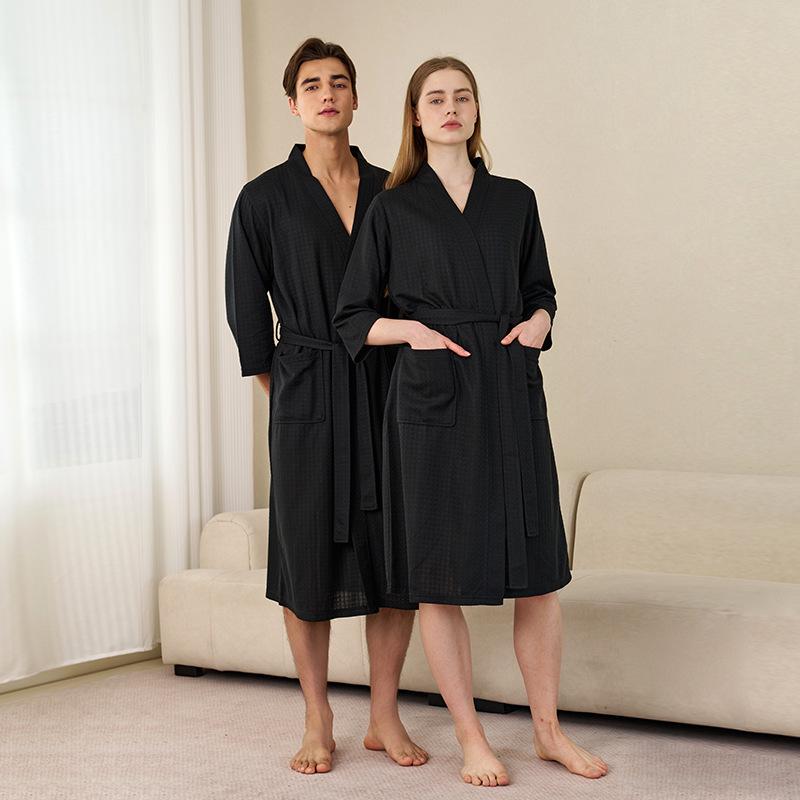 Women's Plus Size Quick-Dry Black Waffle Bathrobe with Three-Quarter Sleeves - Summer Thin