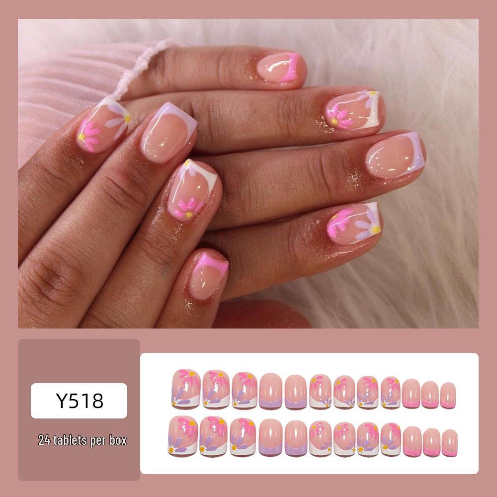 Detachable Short Square Floral French Pink Manicure Stickers - False Fingernails