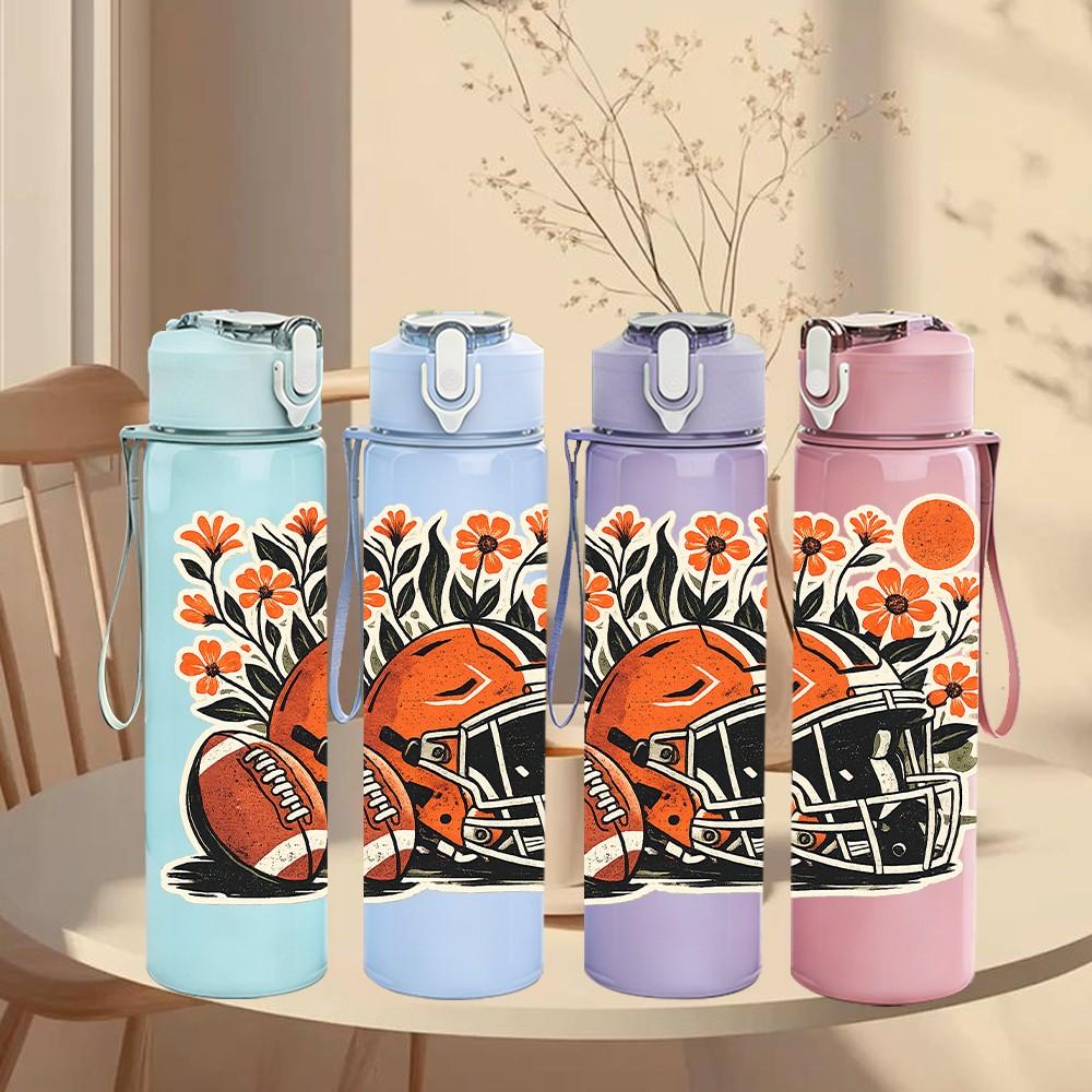 1PC American Football Floral Art Print 750ml Color Plastic Sports Water Bottle Leakproof Flip Straw Lid Suitable for Sports Office Home Use