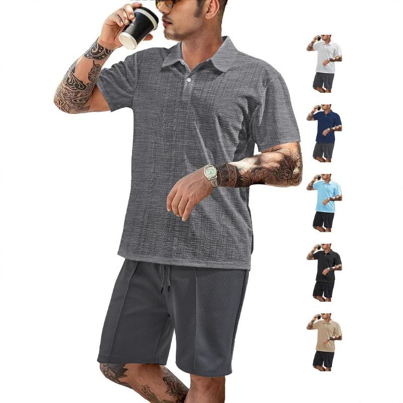 Mens Casual Two Piece Outfit Textured Short Sleeve Polo Shirt And Drawstring Shorts Set