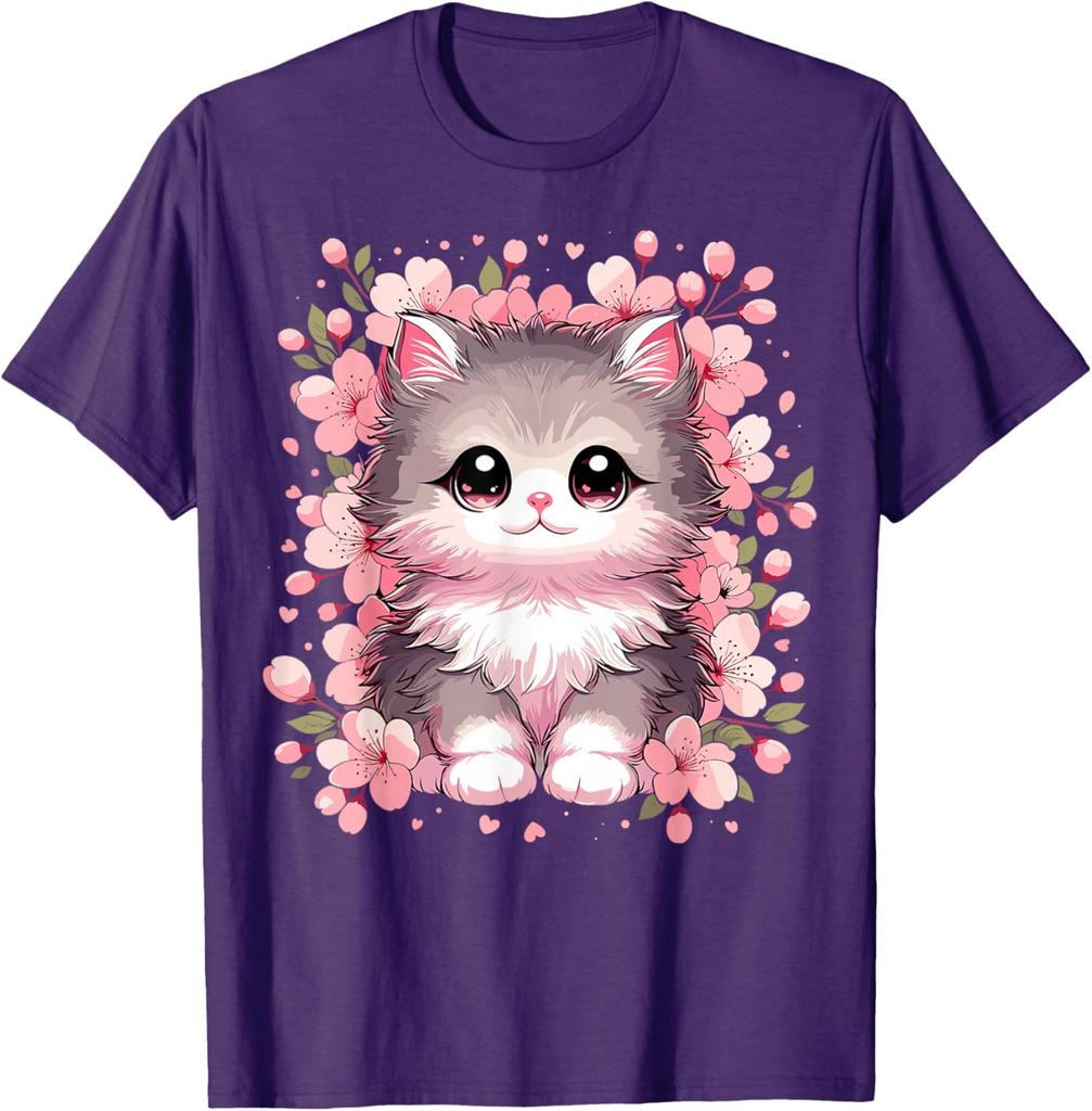 Cute Kawaii Kitten Cherry Blossoms Graphic T-Shirt Soft Cotton Casual Round Neck Tee