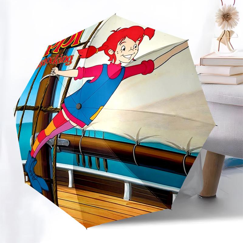 Pippi Longstocking Themed Travel Umbrella-8 Ribs Automatic Opening and Closing, Portable Folding Design, Compact and Stylish Umbrella Suitab