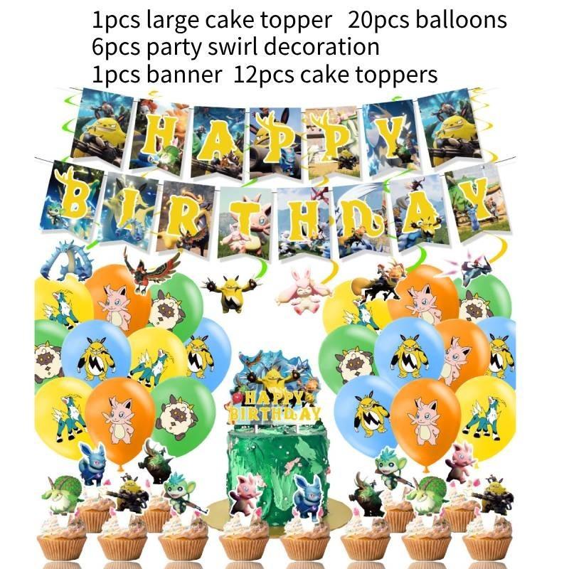 Birthday Palworld Party Decoration Set With Paper Flags Balloons Children Cake