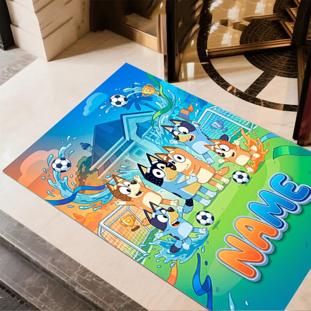 Soccer Fun Bluey Personalized Name Floor Mat Design for Bedrooms Decorate Room Outdoor Entryway Antislip Carpet Decorate Offices