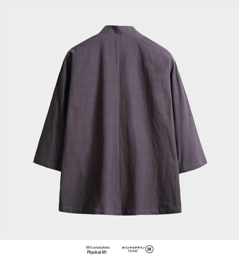 Men's Chinese-Style Trench Coat with Tie-Waist, Cape Design, Seven-Sleeve Dao Robe, and Embroidered Hanfu Details.