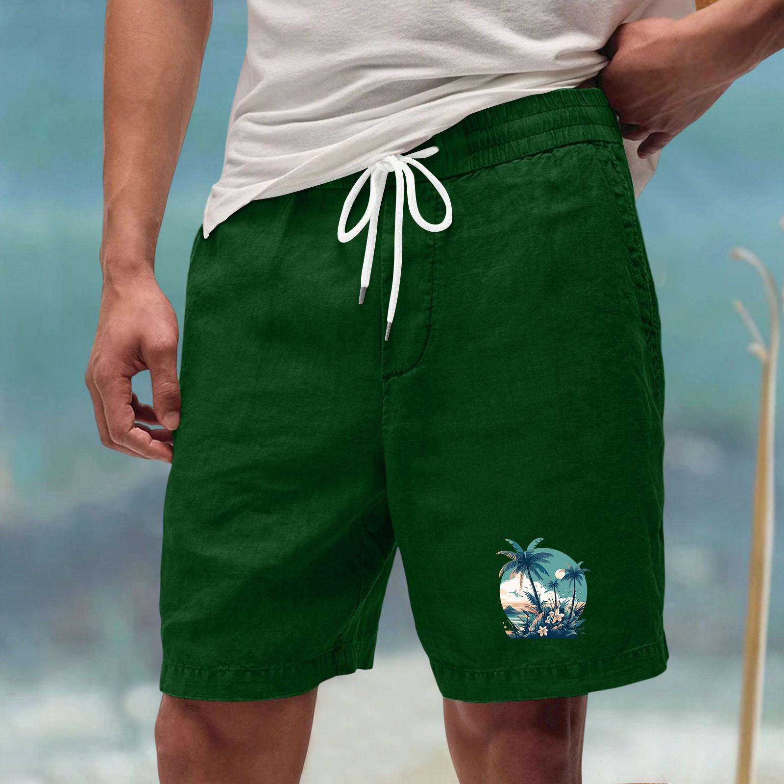 

Men s Relaxed Fit Casual Drawstring Shorts with Elastic Waistband and Tropical Print for Outdoor and Leisure Activities M зелений