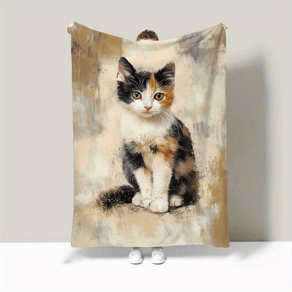 1pc Kitten Pattern Printed Bed Blanket - Soft Fleece Blanket, Suitable for - Comfortable Bedding, Machine Washable Cat-Themed Bedding Decor, Ideal for