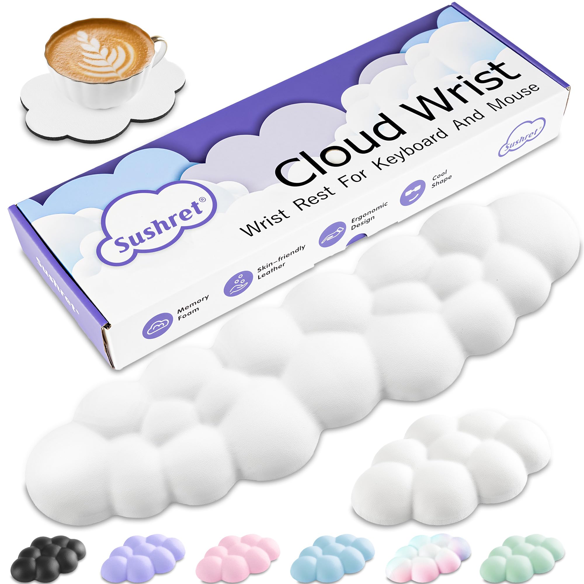

Sushret Облачная подставка для запястья из ПУ кожи с эффектом памяти, Милая подставка для запястья, Клавиатура для поддержки запястья и настольная облачная подставка для отдыха, Набор,