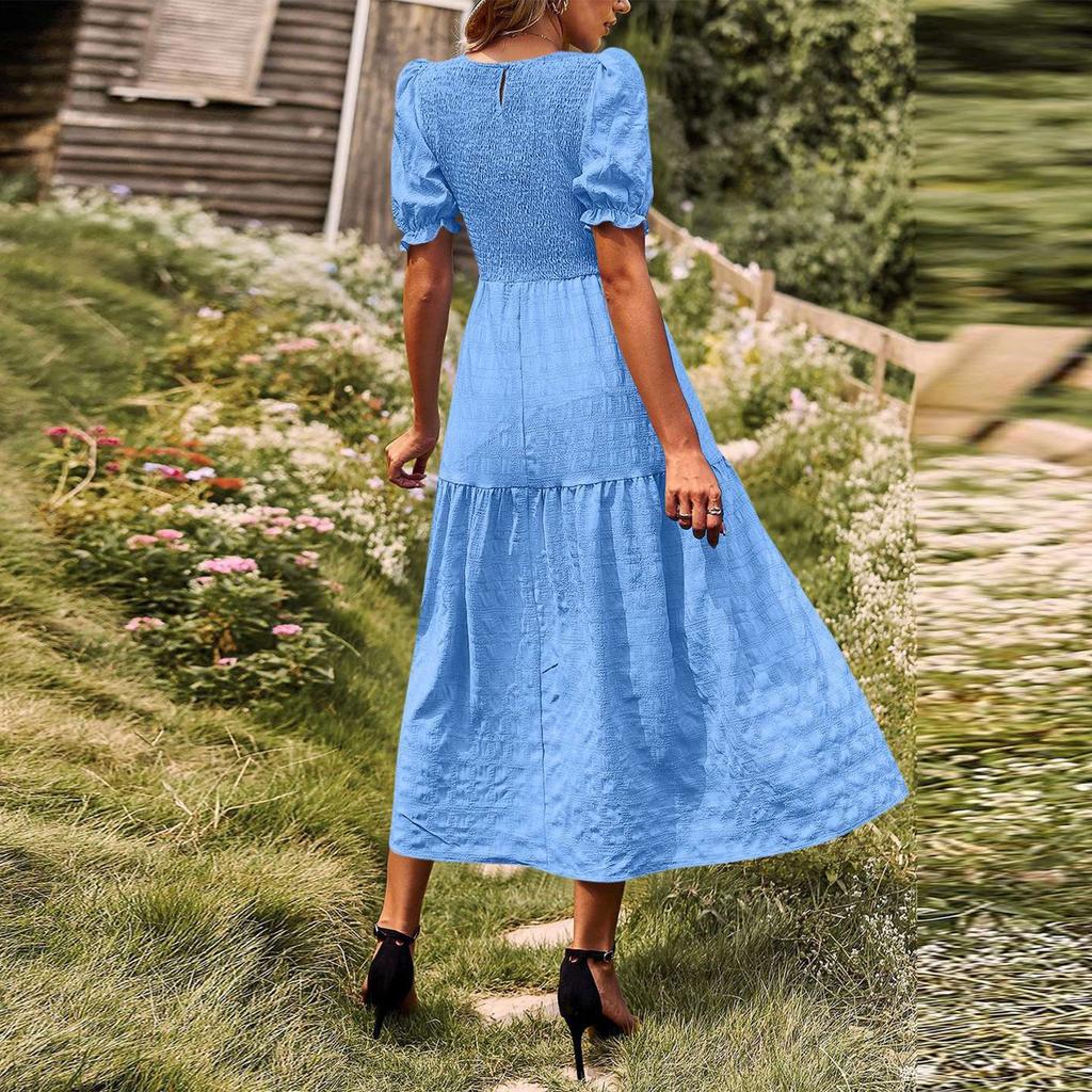 Dámské módní letní ležérní šaty s krátkým rukávem a kulatým výstřihem na dovolenou