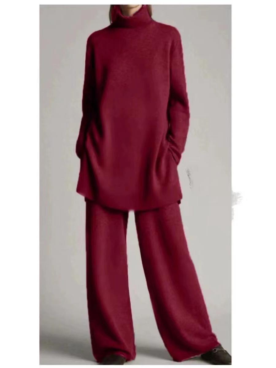 

2024 Весна/Осень Высокий Воротник Трикотажный Однотонный Свободный Повседневный Комплект Из Двух Частей