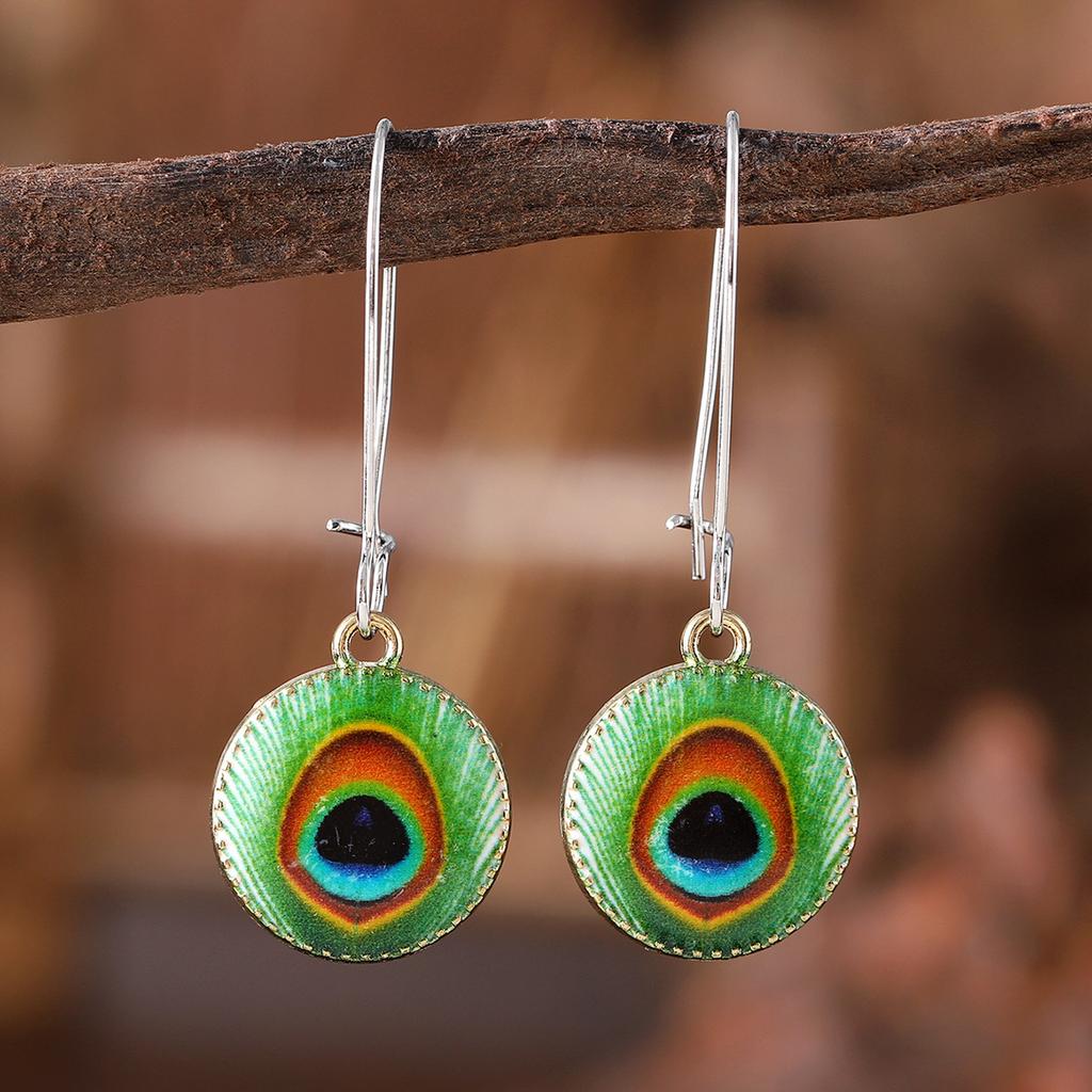 New Retro Peacock Feather Pattern Pendant Earrings Bohemian Niche Simple Jewelry