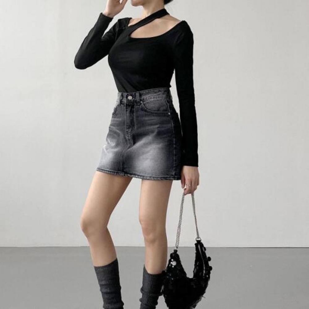 New Arrivals Open Run Runrat Denim Skirt Black Denim