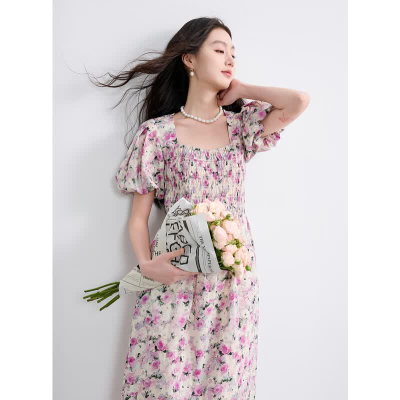 Sancai French Square Neck Floral A-Line Maxi Dress