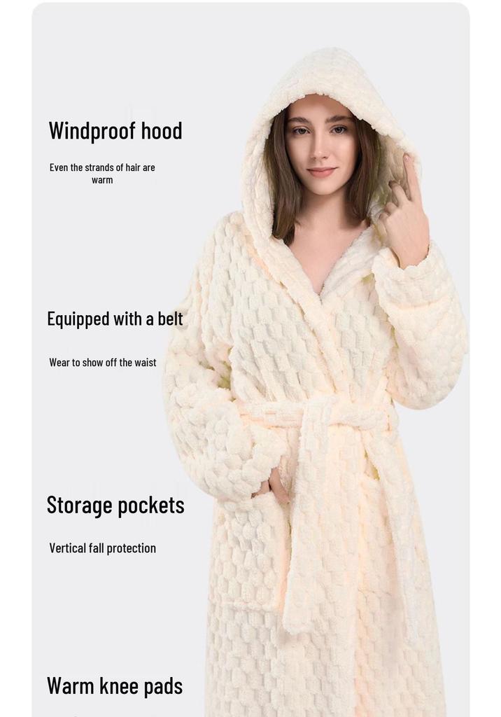 Women's Thickened A-Line Hooded Bathrobe: Pure Cotton, Absorbent & Quick-Drying, Perfect for Autumn/Winter Warmth After Bathing.
