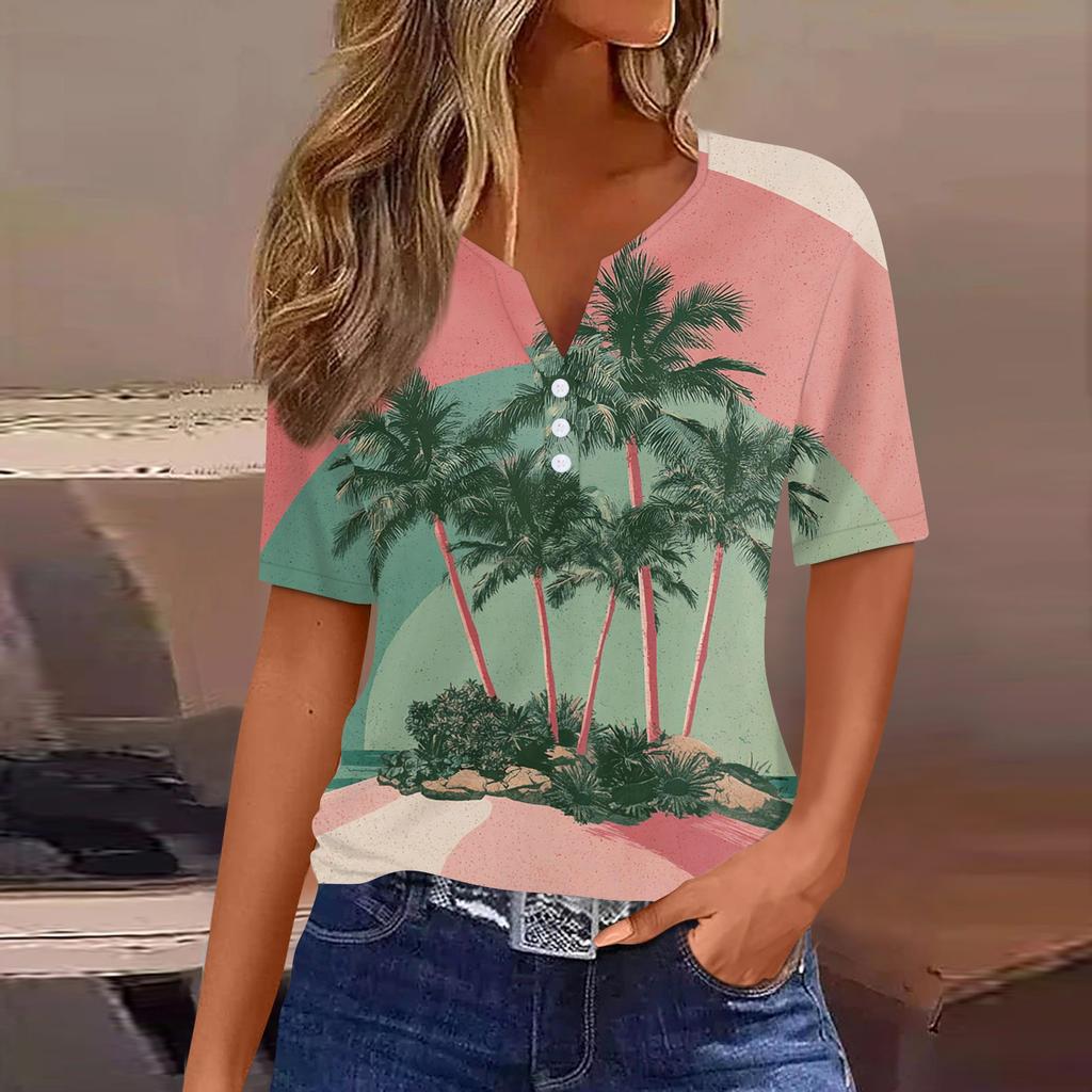 Women's fashionable casual Hawaiian print V-neck short-sleeved button-down T-shirt top