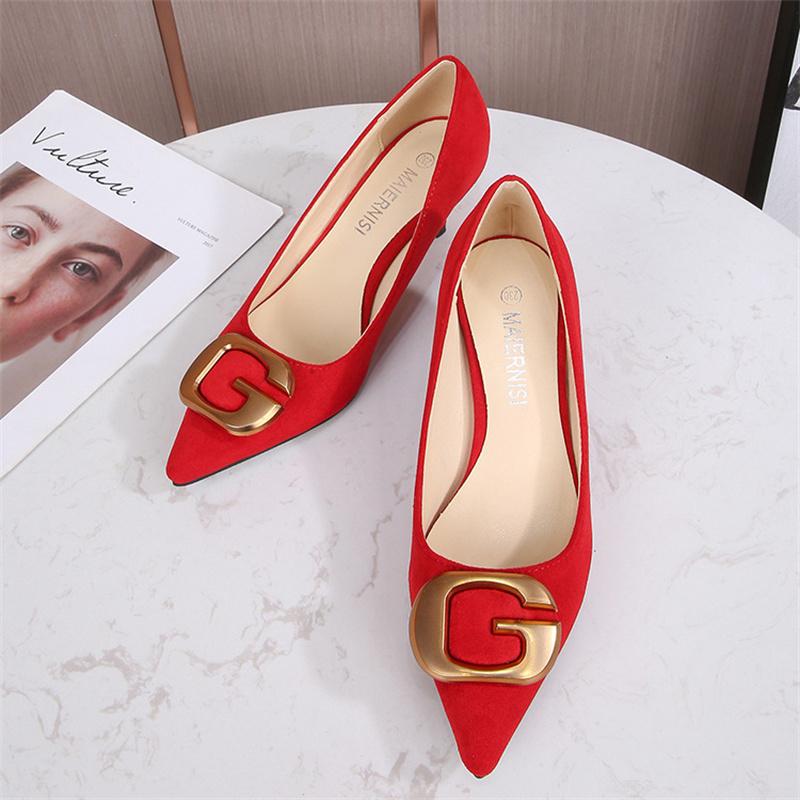 Women 5cm High Heels Metal Flock Pumps Lady Pointed Toe Low Heels Female Mom Office Casual Quality Shoes