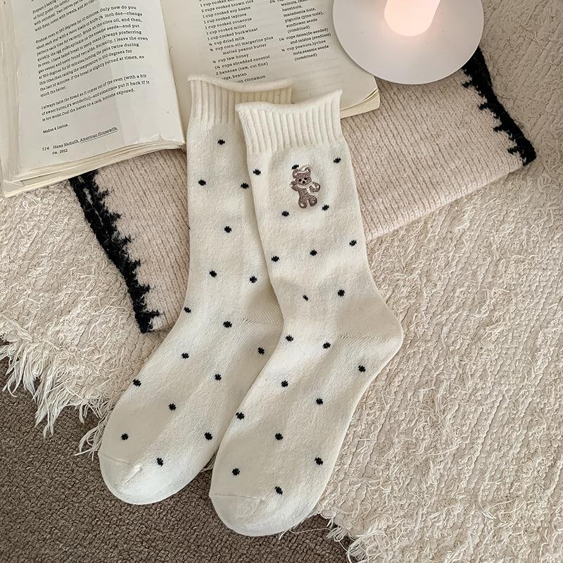 Socks Tide Cute Embroidered Bear Wool Warm Medium Tube Socks Stacking Socks