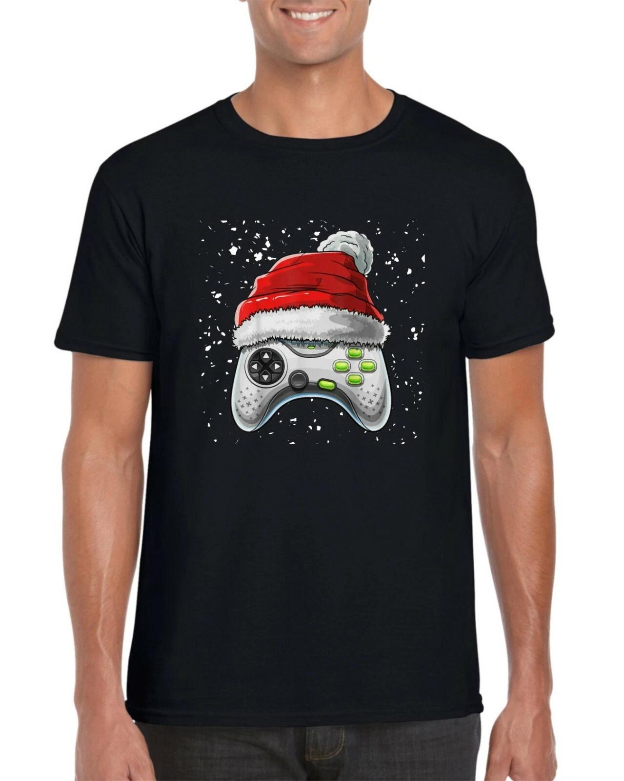Christmas Game Controller T-Shirt, Funny Gamepad Gamer Santa Hat Xmas Unisex Top M