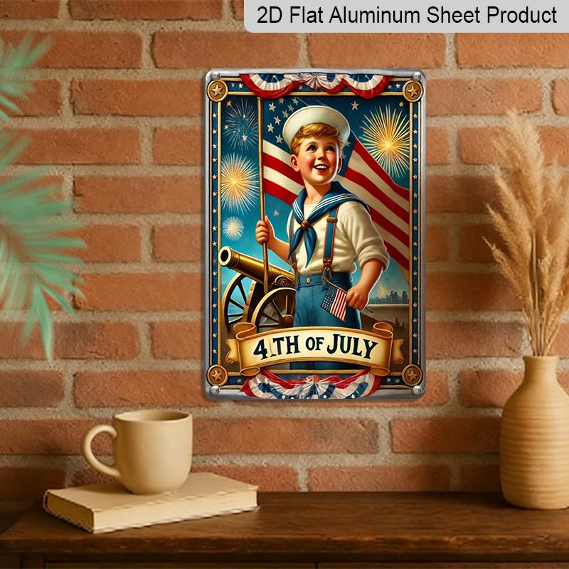 2D Flat Retro 4th of July Tin Sign - Rustic Aluminium Wall Decor with Patriotic Sailor Boy & Fireworks, Vintage American Flag Design - Perfect for