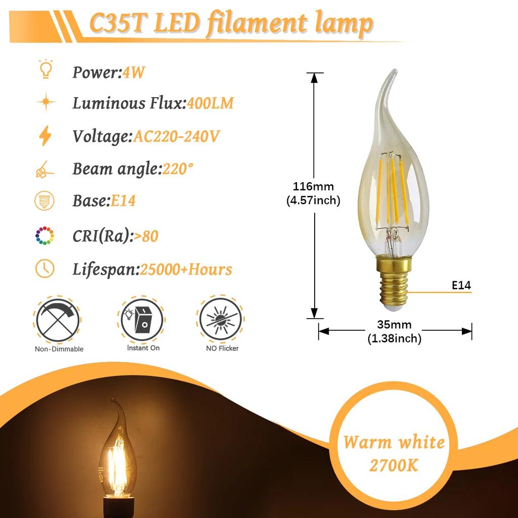 6PCS LED Filament Light Bulb Retro Edison E27 E14 B22 4000K 2700K 220V A60 G45 C37 Vintage Ampoule Incandescent Bulb Edison Lamp