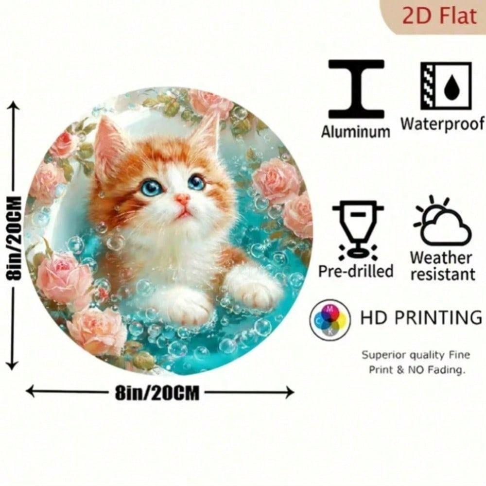 Vintage Cat Metal Sign 8 Inch Round Wall Art Cute Ginger Kitten Bubble Bath Pink Roses Turquoise Bubbles Home Decor