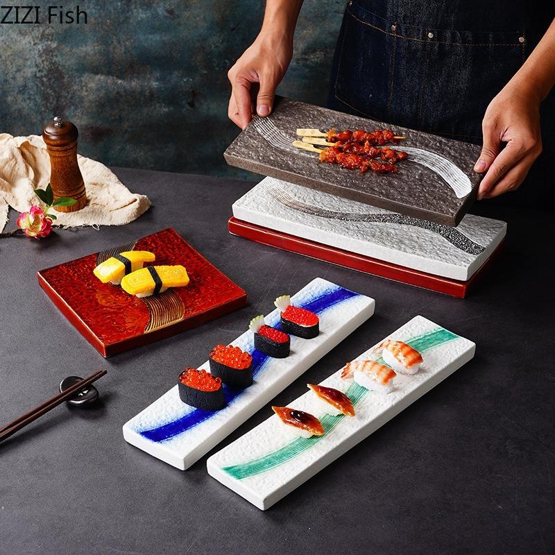 Vintage Ceramic Cooking Dish Creative Rectangular Sushi Plate Japanese Restaurant Food Decoration Dessert Plate Tableware