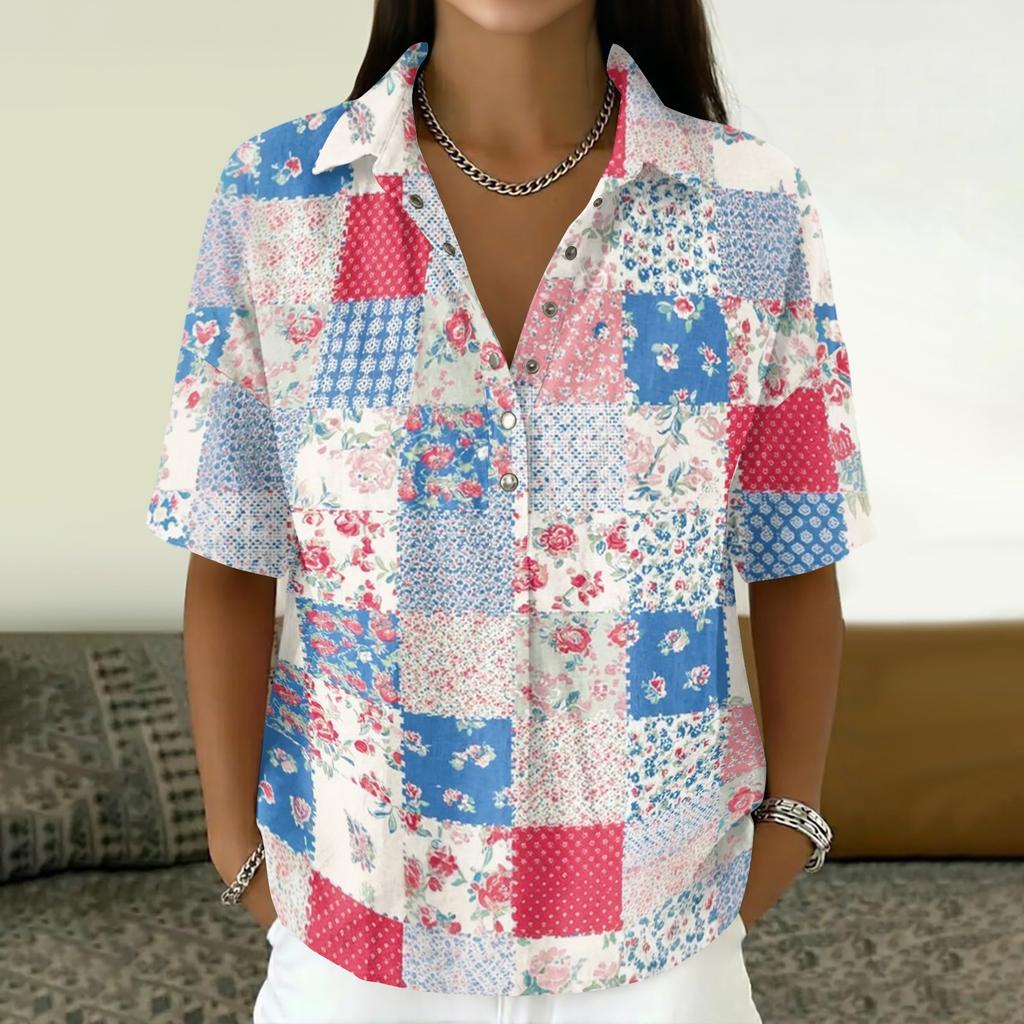Women's Vintage Floral Print Button Down Shirt Short Sleeve Loose Fit Collared Top Made with Linen Blend Fabric Casual Summer Blouse