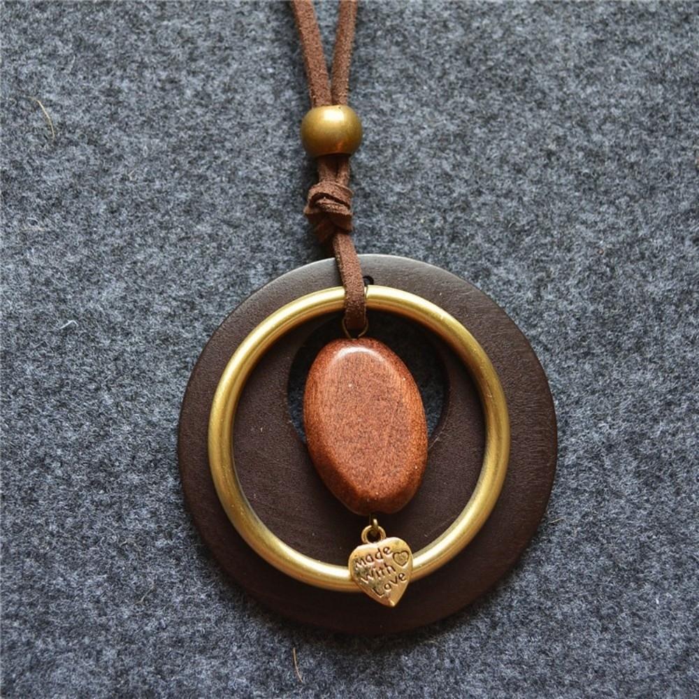 Boho Wooden Pendant Necklace Leather Chain Sweater Necklace Vintage Sweater Chain  for Women Men